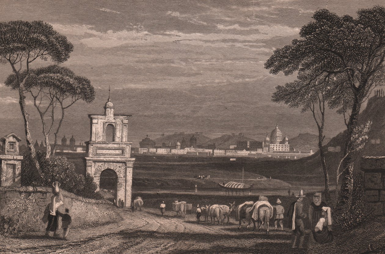 Sağda Aziz Petrus Bazilikası'nın kubbesiyle Roma, Lazio, İtalya, Samuel Prout'un (1783-1852) çiziminden çelik gravür, yaklaşık 15x115 cm by Samuel Prout