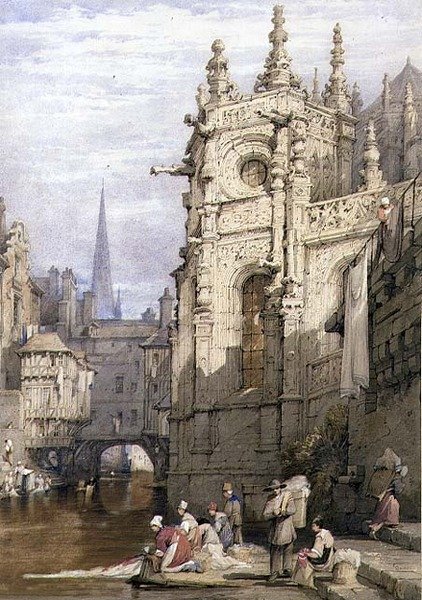 Çamaşırcı Kadınlarla Sahne (kağıt üzerine suluboya ve guaj boya) by Samuel Prout