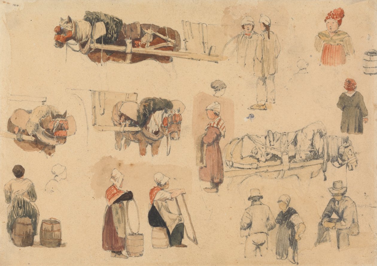 Köylülerin ve İş Atlarının Eskizleri by Samuel Prout