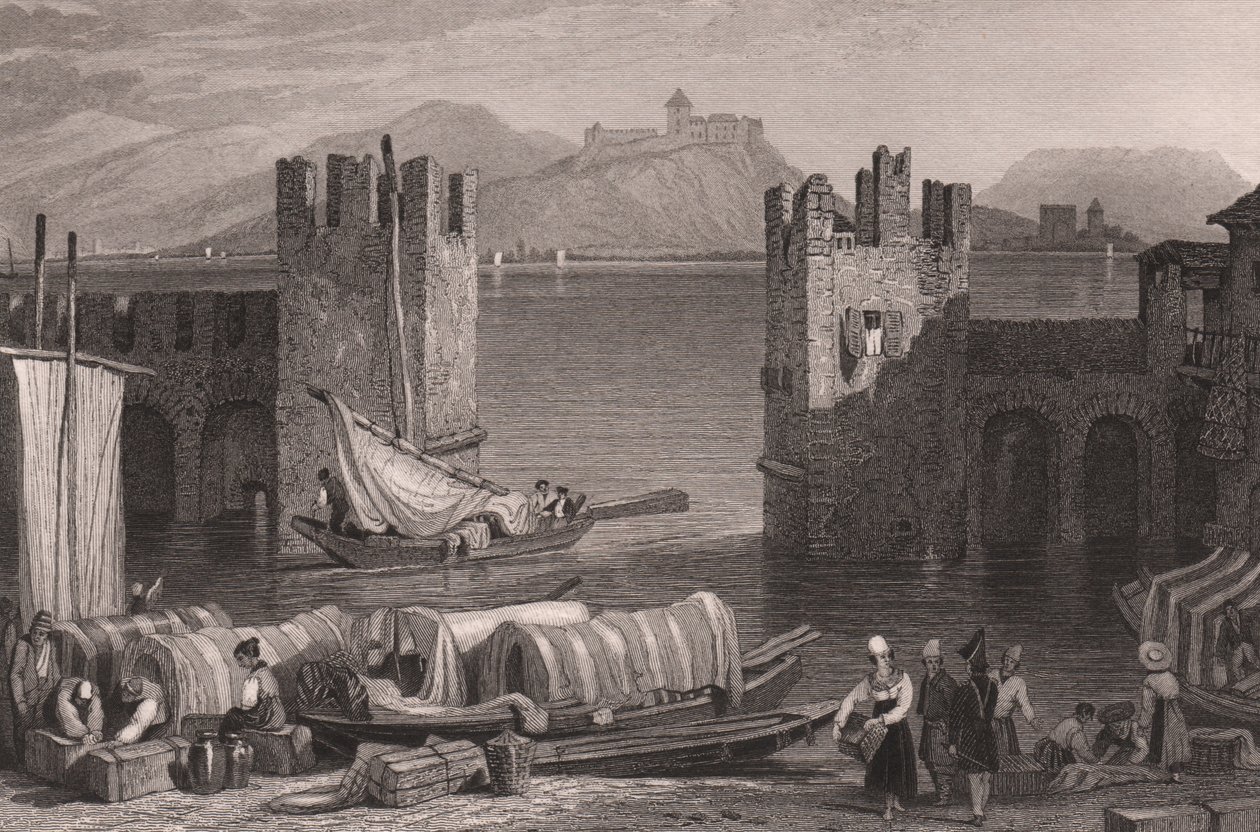 Arona'daki Angera kalesinin görünümü, Maggiore Gölü, Piedmont, İtalya, Samuel Prout'un (1783-1852) çiziminden çelik gravür, yaklaşık 16x11 cm by Samuel Prout