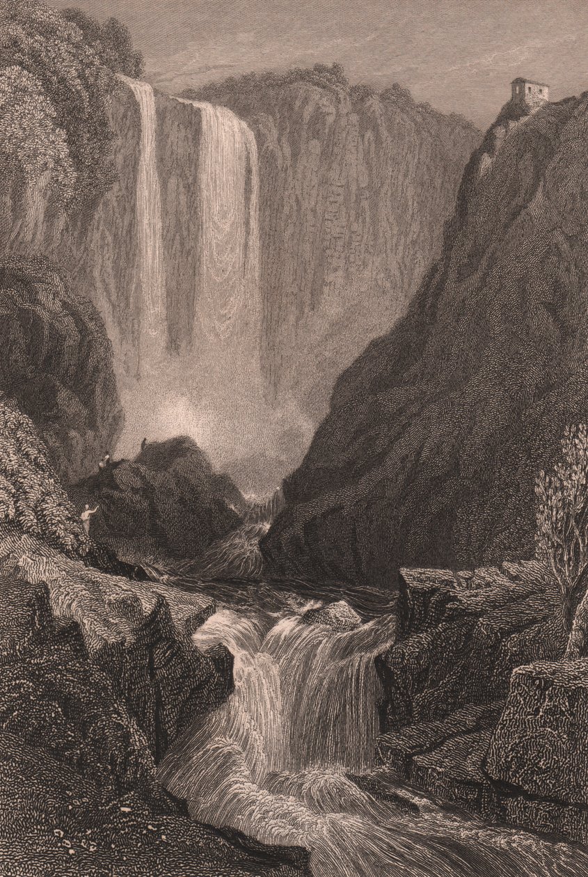 Terni, Umbria, İtalya yakınlarındaki Marmore Şelalesi'nin (Cascata delle Marmore) görünümü, Samuel Prout (1783-1852) tarafından çizildikten sonra çelik gravür, yaklaşık 15x11,5 cm by Samuel Prout