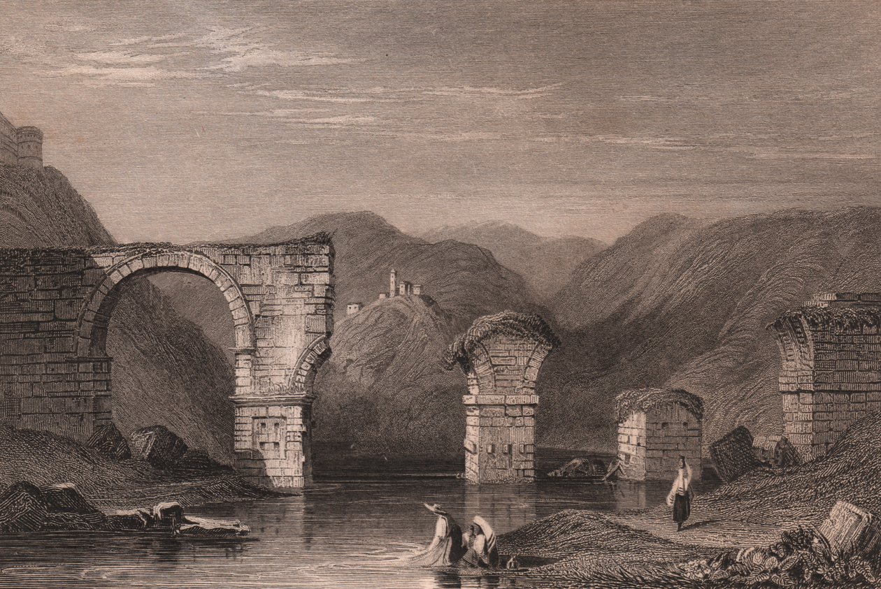Nera Nehri üzerindeki Augustus Köprüsü'nün (Ponte di Augusto) Roma kalıntılarının görünümü, Narni, Umbria, İtalya, Samuel Prout'un (1783-1852) çizdiği çelik gravür, yaklaşık 15x11,5 cm by Samuel Prout