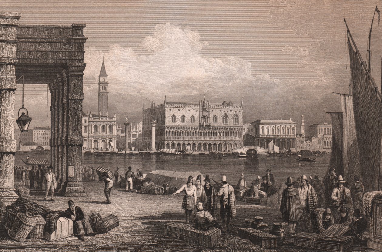 Venedik, Veneto, İtalya'daki San Marco Havzası'nın görünümü, Samuel Prout'un (1783-1852) çizdiği çelik gravür, yaklaşık 15x11,5 cm by Samuel Prout