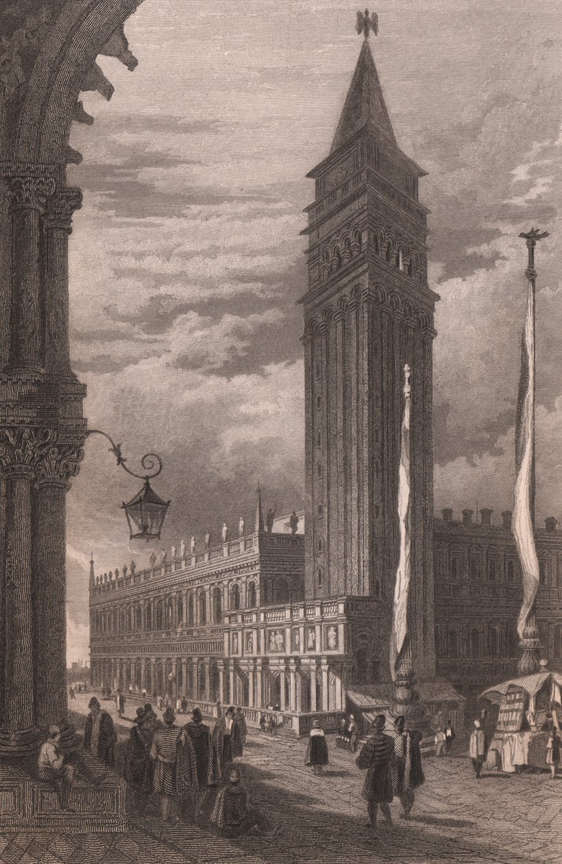 Venedik, Veneto, İtalya'daki St Mark's Çan Kulesi'nin görünümü, Samuel Prout'un (1783-1852) çizdiği çelik gravür, yaklaşık 15x11,5 cm by Samuel Prout