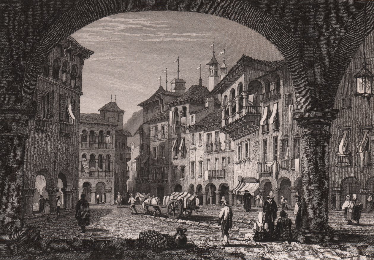 Domodossola, Piedmont, İtalya'daki pazar meydanının görünümü, Samuel Prout'un (1783-1852) bir çiziminden çelik gravür, yaklaşık 16x11 cm by Samuel Prout