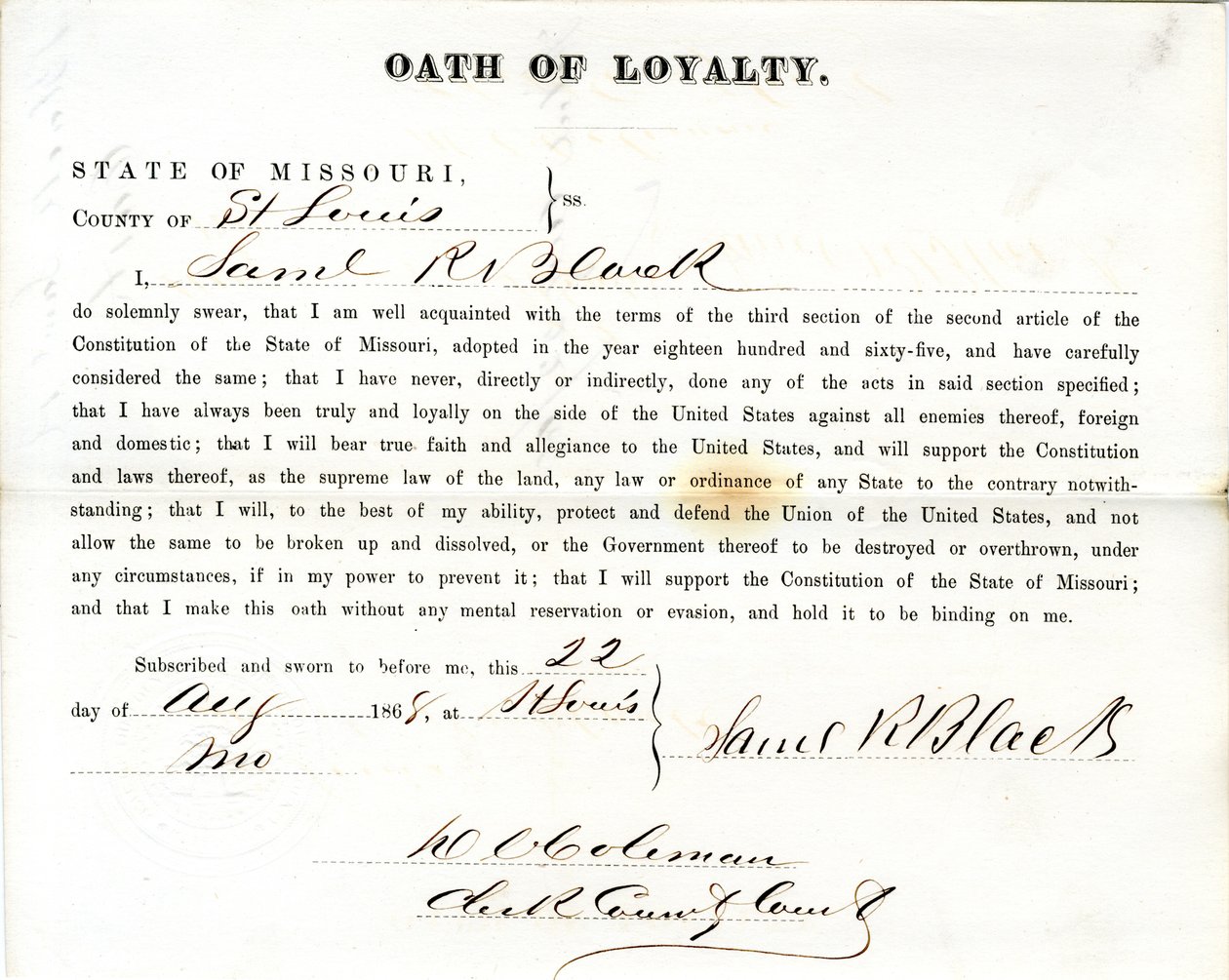 Louis County, Missouri'den Samuel R. Black'in sadakat yemini by Samuel R. Black