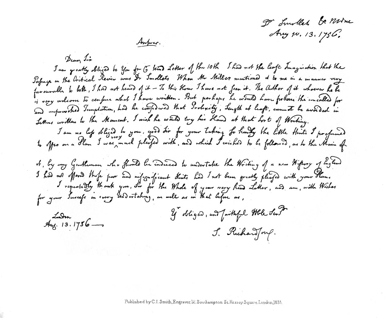 Samuel Richardson'dan Dr Smollett'e bir mektup, 1756, 1840 by Samuel Richardson