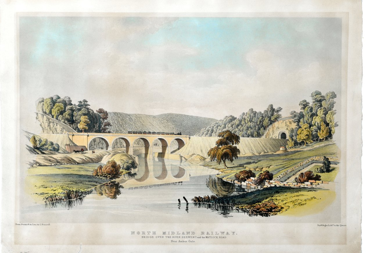 Derwent Nehri üzerindeki Kuzey Midland Demiryolu Köprüsü ve Amber Kapısı yakınındaki Matlock Yolu. 1840 (kağıt üzerine el renkli taşbaskı) by Samuel Russell