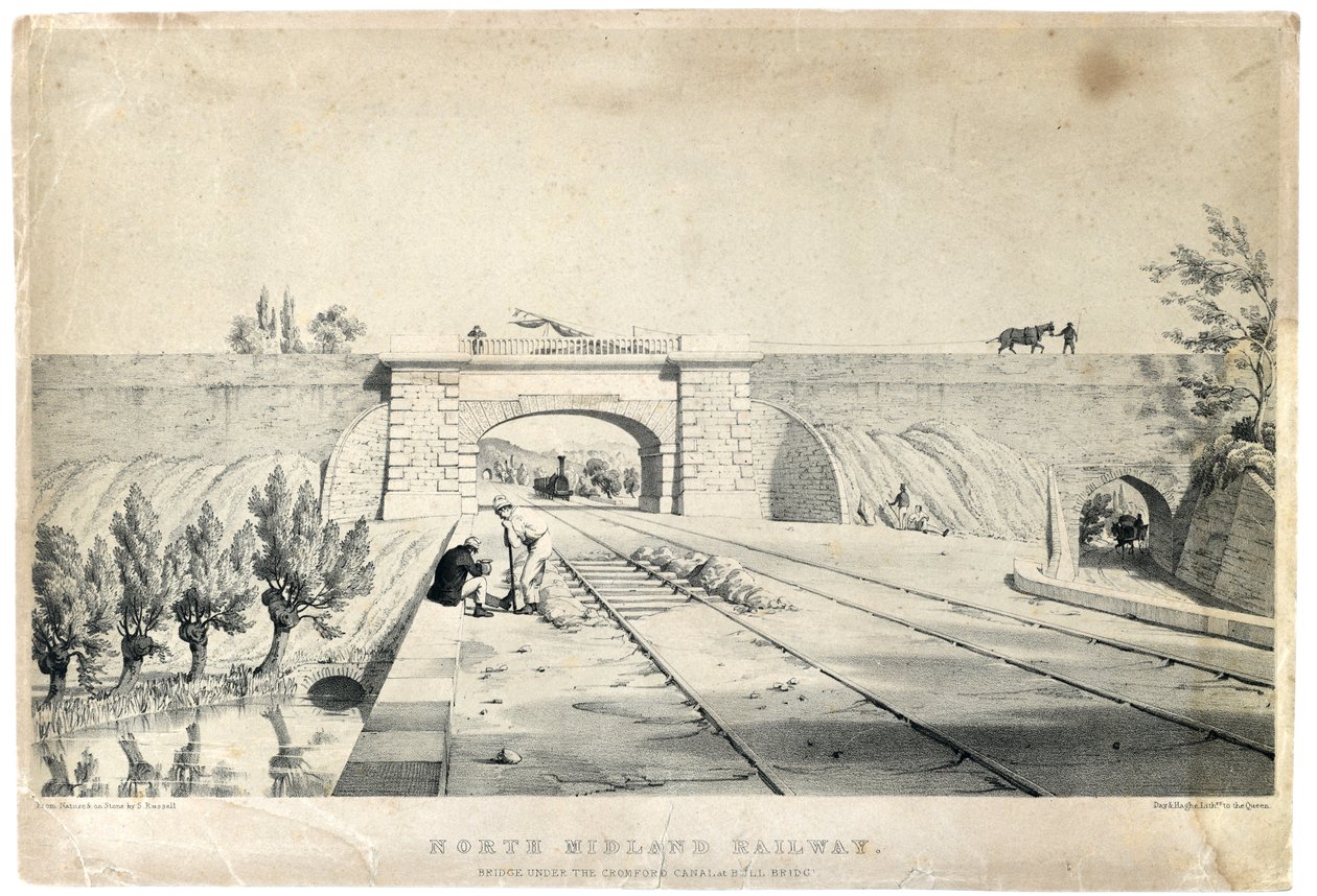 Bull Bridge'deki Cromford Kanalı altındaki Kuzey Midland Demiryolu Köprüsü, 1840 dolayları (kağıt üzerine renkli taşbaskı) by Samuel Russell