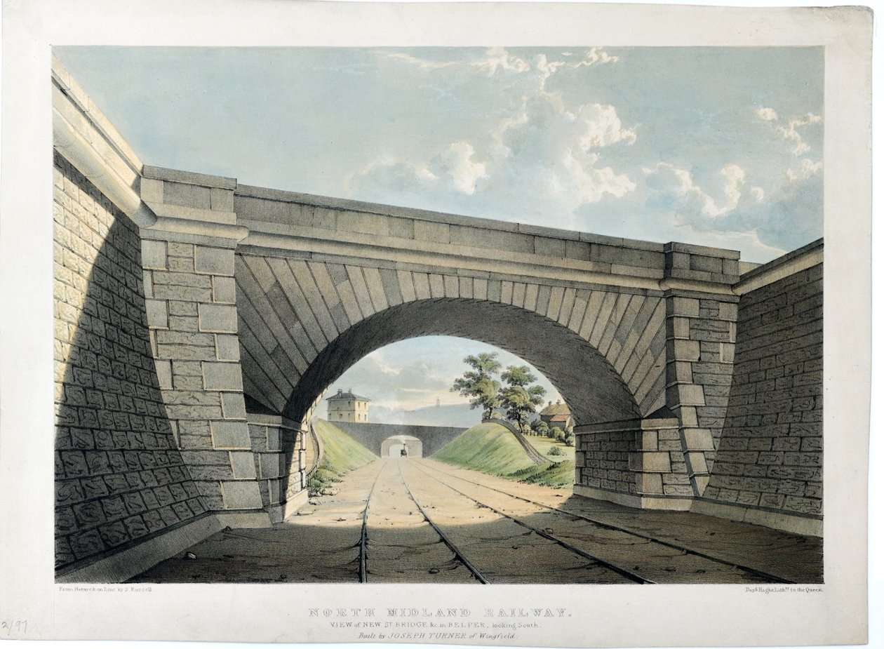 Kuzey Midland Demiryolu. Belper'deki New Street Bridge vb. görünümü, güneye bakış, 1840 dolayları (kağıt üzerine elle boyanmış taşbaskı) by Samuel Russell
