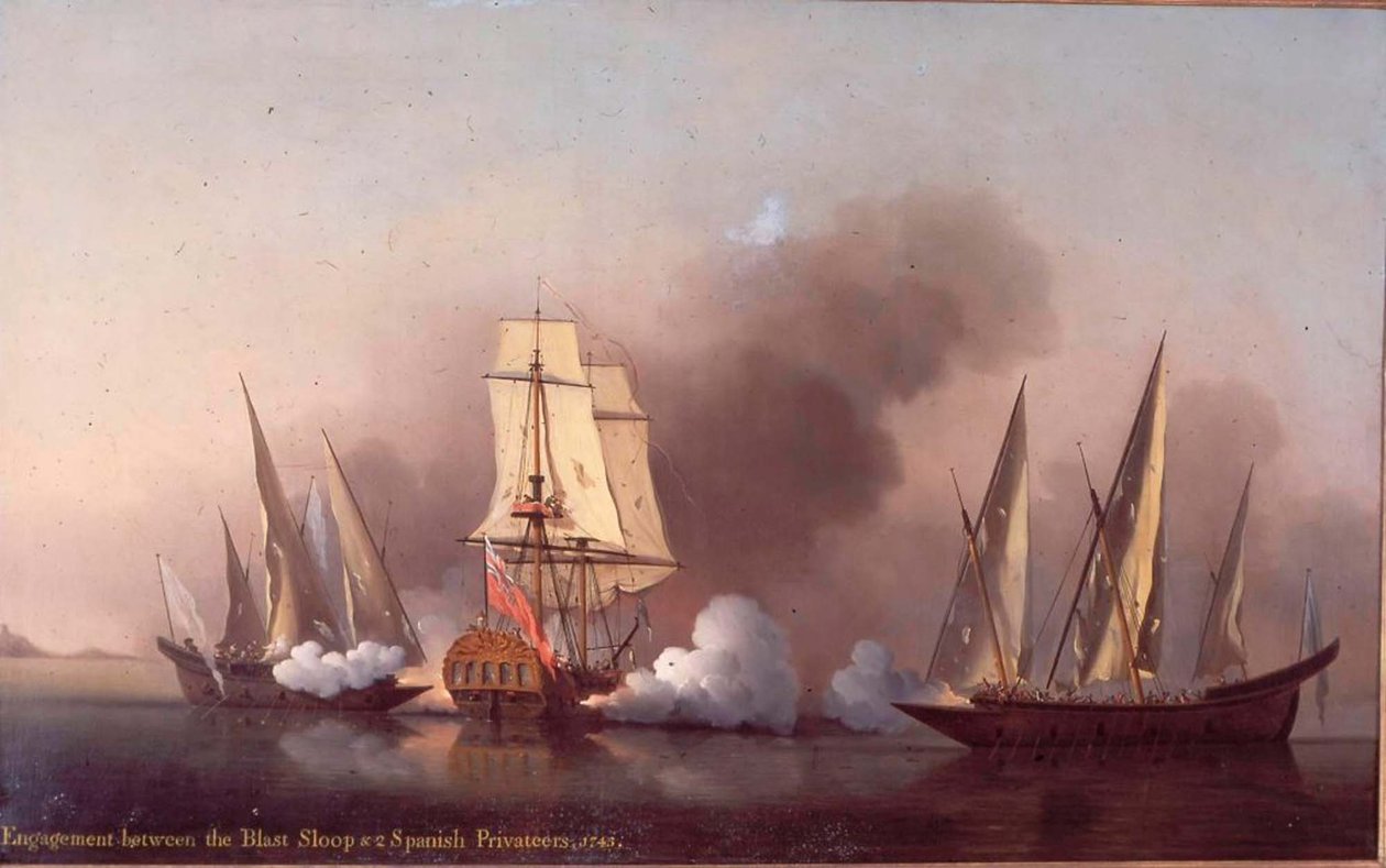 Blast Sloop ve iki İspanyol Privateers arasındaki Nişan by Samuel Scott