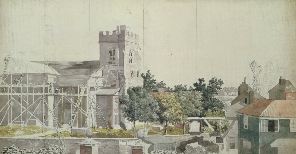İskele altında Twickenham Kilisesi, 18. yüzyıl (kağıt üzerine tuvalet, kalem ve mürekkep) by Samuel Scott