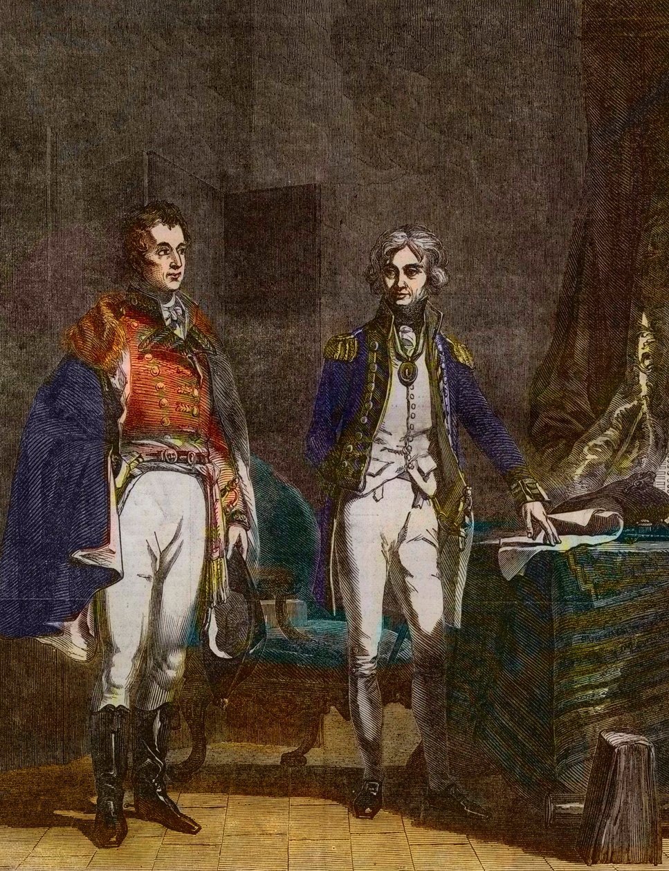 Tümgeneral Sir Arthur Wellesley (Wellington Dükü) ve Koramiral Horatio Nelson arasında bir toplantı, Eylül 1805, Samuel William Reynolds (1794-1872) tarafından John Prescott Knight