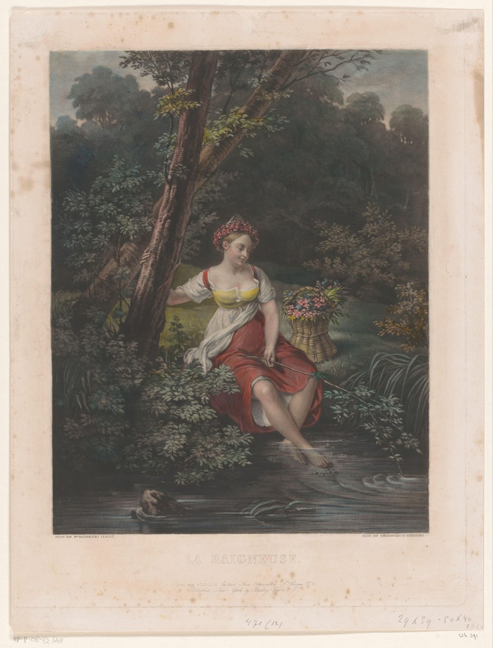 Suda çiçek çelenk ve ayakları olan genç bir kadın. La Baigneuse (nesne üzerindeki başlık) by Samuel William Reynolds (I)
