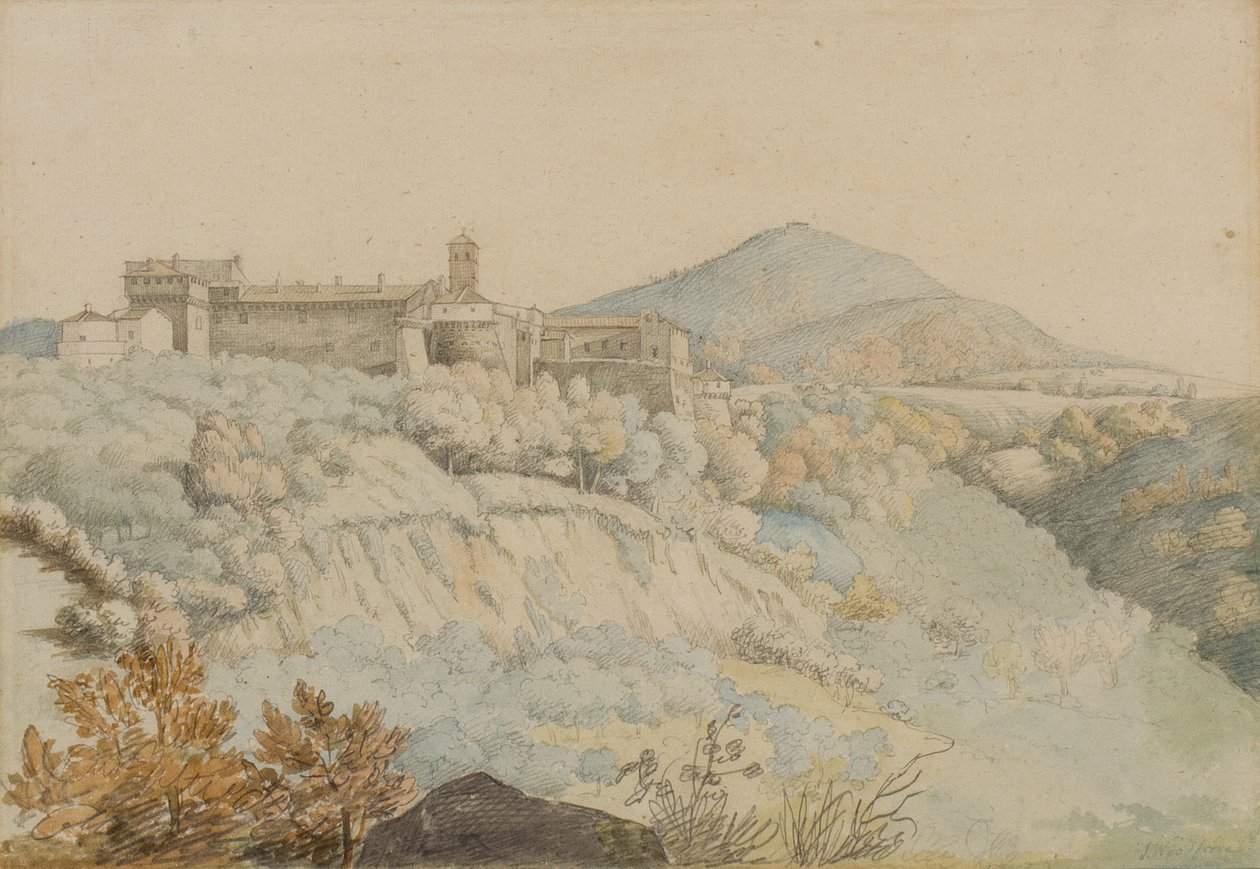 Grotta Ferrata Manastırı, antik Tusculum, İtalya, c.1805 (kağıt üzerinde kalem ve tuvalet) by Samuel Woodforde