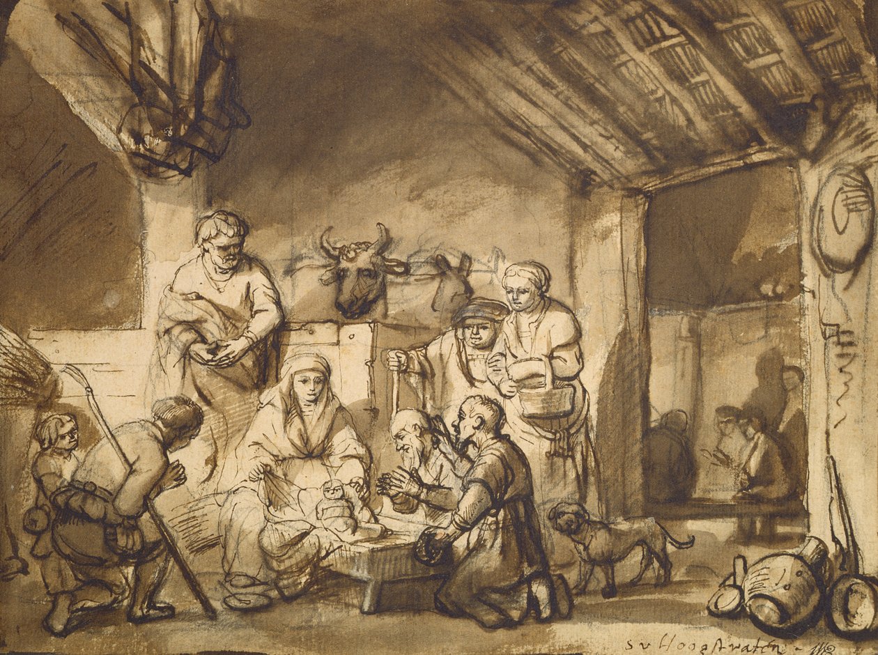 Çobanların Tapınması, c.1646 (kağıt üzerinde kalem ve fırça ve kurşun kalem) by Samuel van Hoogstraten
