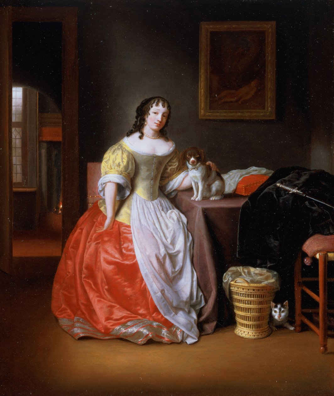 Bayan sarı ve kırmızı elbiseli by Samuel van Hoogstraten