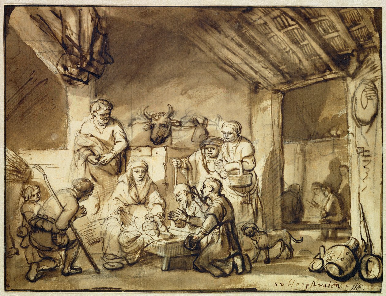 Çobanların Tapınması (kağıt üzerine siyah tebeşir üzerine kalem ve mürekkep yıkama) by Samuel van Hoogstraten