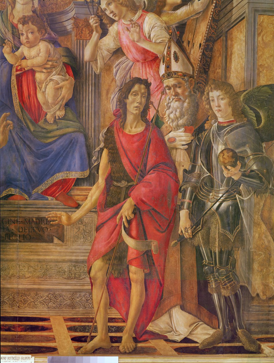 Aziz Barnabas'ın Altarpiece, Bakire ve tahtta oturan çocuk, Vaftizci Yahya, Antakya Aziz Ignace Piskoposu, Aziz Michael, ahşap üzerine c.1488 tempera by Sandro Botticelli