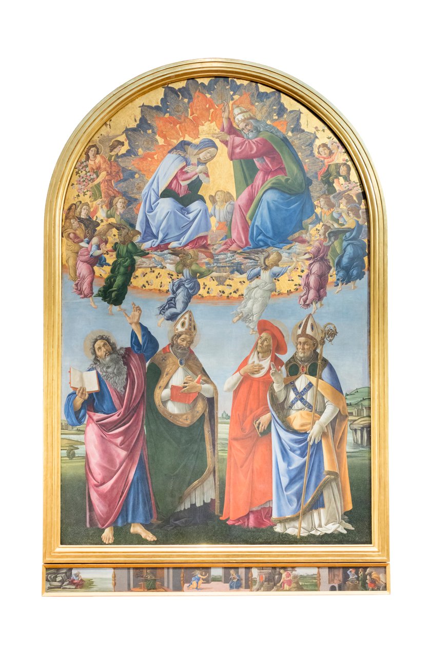Bakire'nin melekler ve müjdeci Aziz John, Aziz Augustine ile taç giyme töreni by Sandro Botticelli