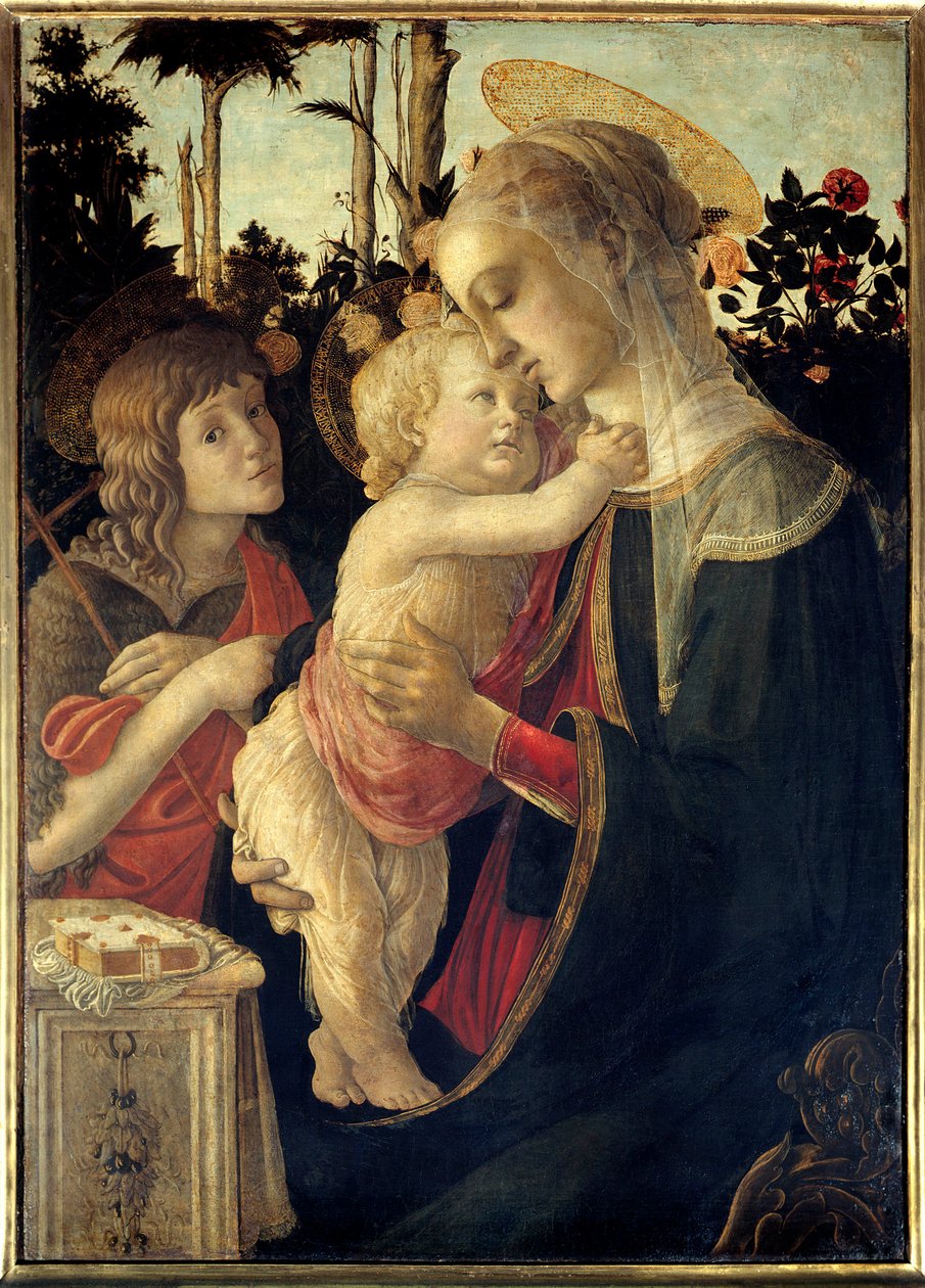 Bakire ve Çocuk İsa, genç Vaftizci Yahya ile çocuk Resim Alessandro di Mariano dei Filipepi dit Sandro Botticelli (1445-1510). 15. yüzyıl Güneşi. 0,90 x 0,67 m - Bakire, Çocuk İsa ve Vaftizci Yahya, çocuk. boyama b by Sandro Botticelli