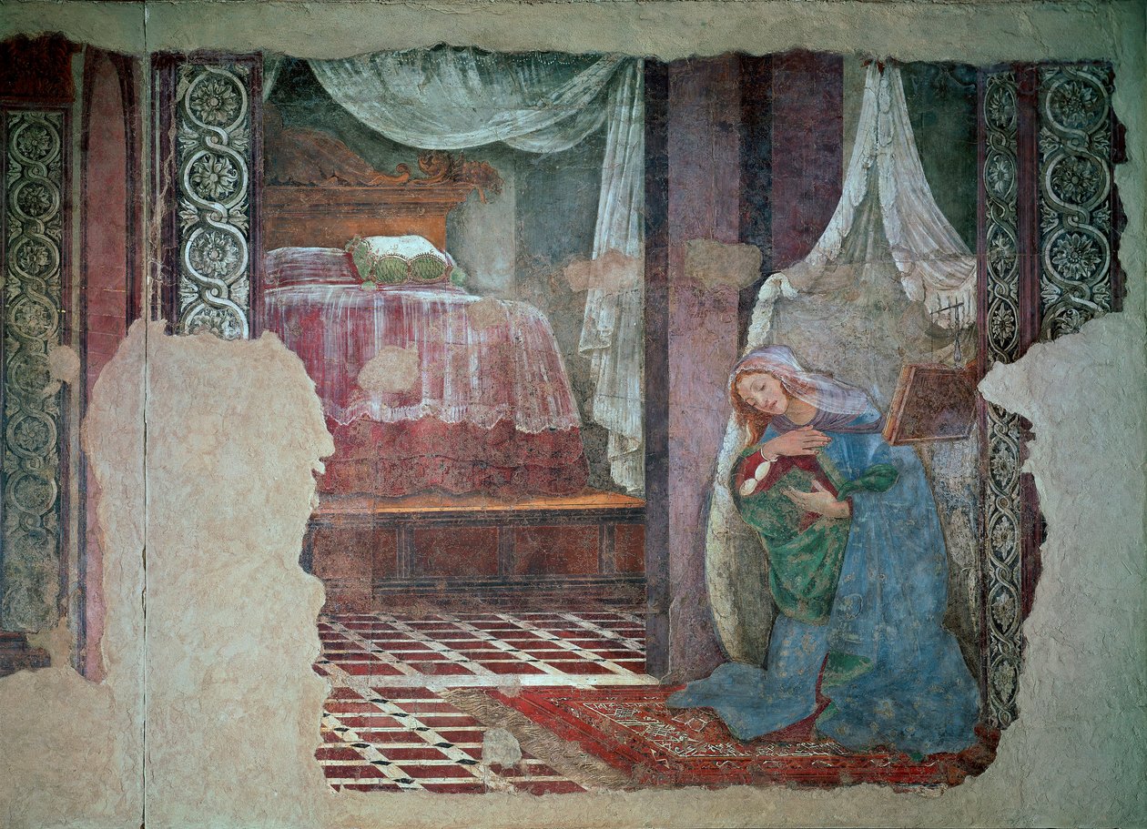 Müjde Detay Bakire. Alessandro di Mariano dei Filipepi ve Sandro Botticelli (1445-1510) tarafından yapılan fresk. 1481 Güneş 245x535 cm Floransa, Uffizi Galerisi (Ofisler) by Sandro Botticelli