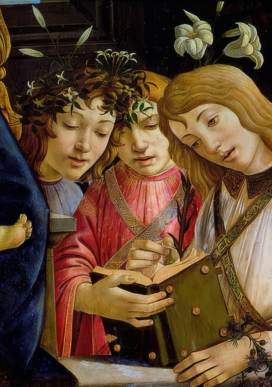 Çocukla Meryem, Vaftizci Yahya ve melekler. Detay. 1490 civarında by Sandro Botticelli