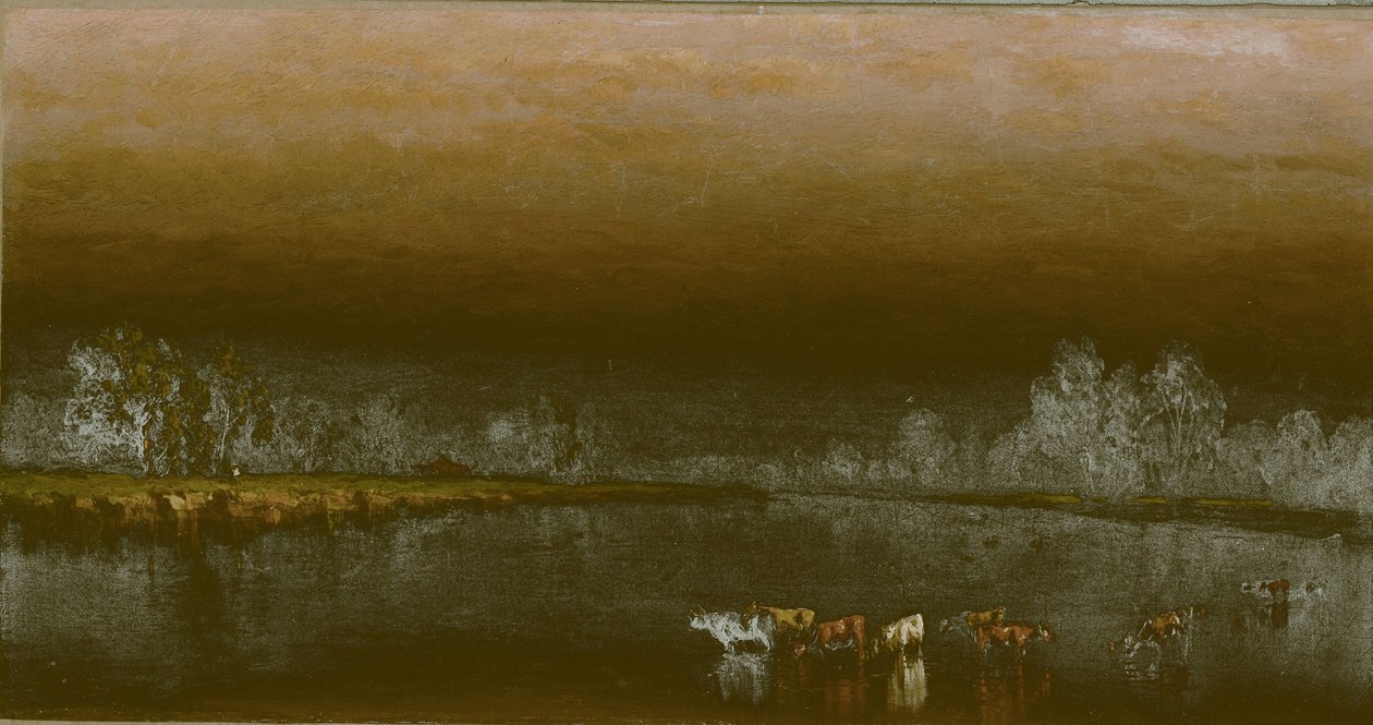 Gün batımında bir gölette inekler by Sanford Robinson Gifford