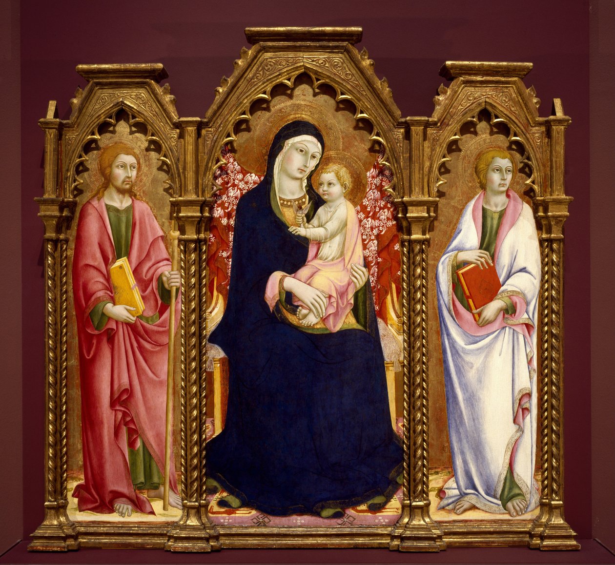 Aziz James Binbaşı ve Evangelist John ile Madonna ve Çocuk, altarpiece by Sano di Pietro