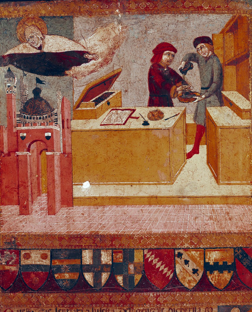 Camerlinguist, yardımsever ve koruyucu Bakire Siena Detail şehri üzerinde uçarken sembolik olarak ellerini yıkıyor. Bir Biccherna