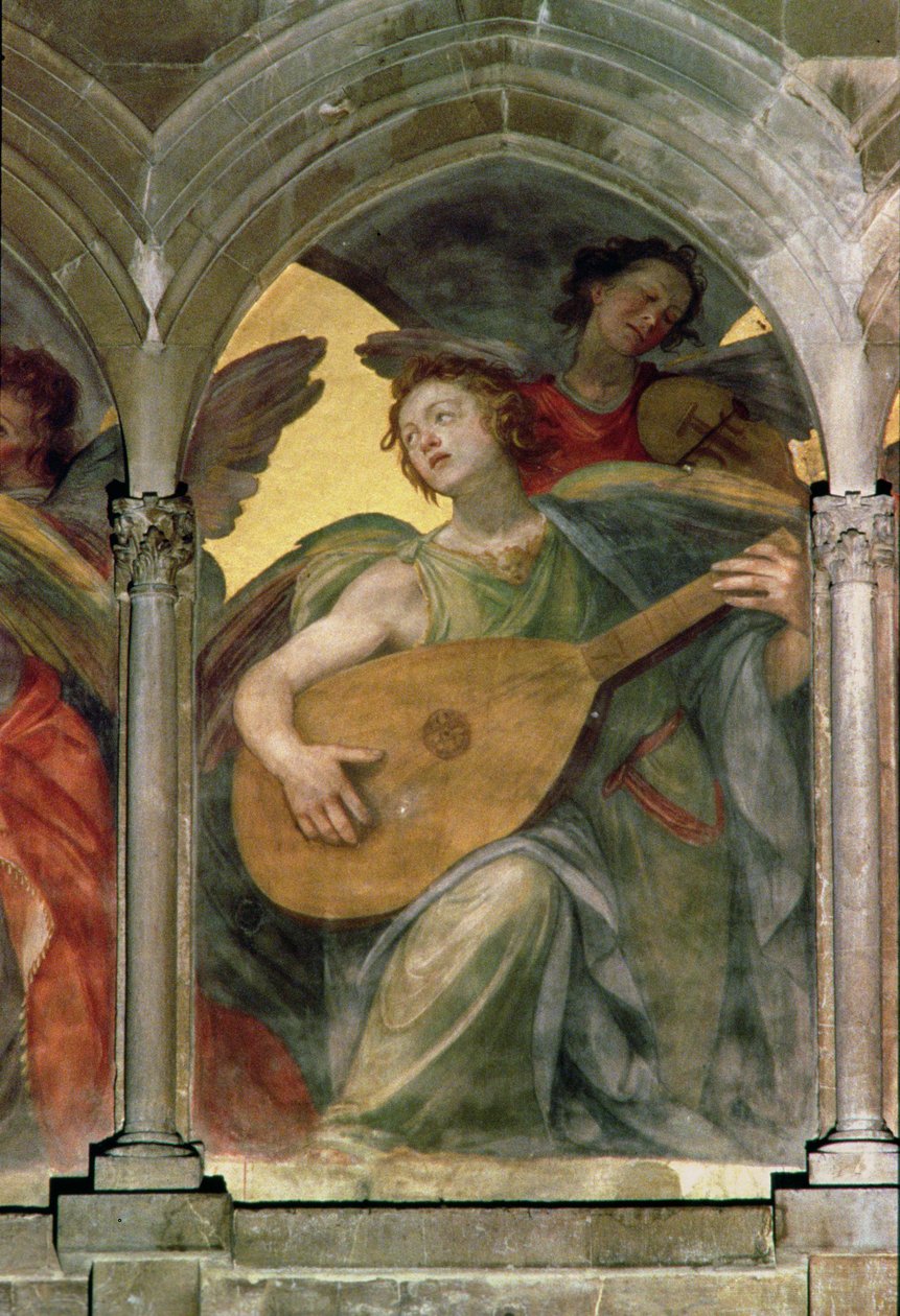 Trompe loeil manastırındaki müzikal melek, mandolin çalan bir meleğin detayı, iç batı cephesinden 100329 fresk detayı by Santi di Tito