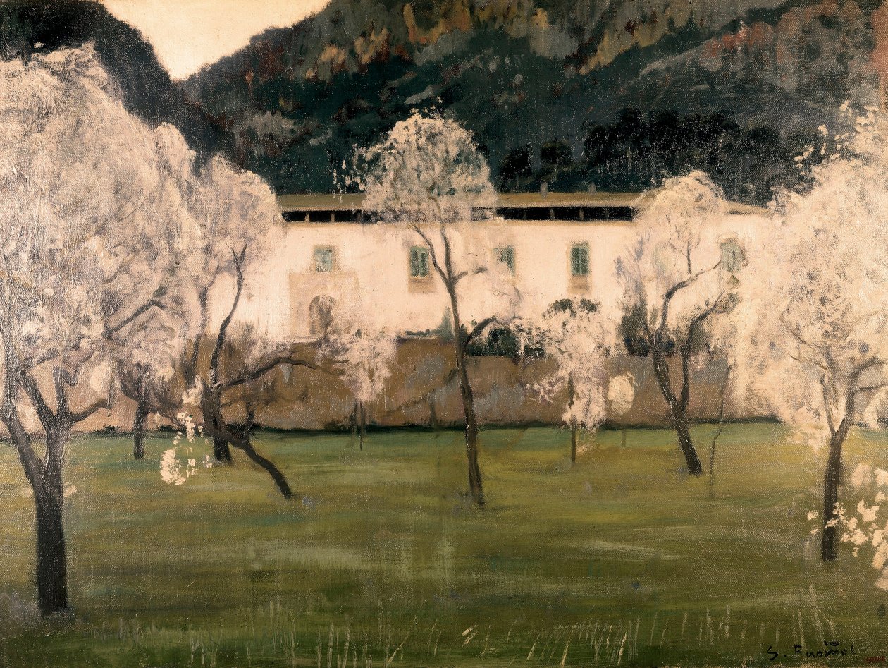 Ağaçlarda çiçeklerle manzara. Santiago Rusinol y (i) Prats (1861-1931) tarafından yapılan tablo. Tuval üzerine yağlıboya Barselona. Katalonya Ulusal Sanat Müzesi. by Santiago Rusinol i Prats