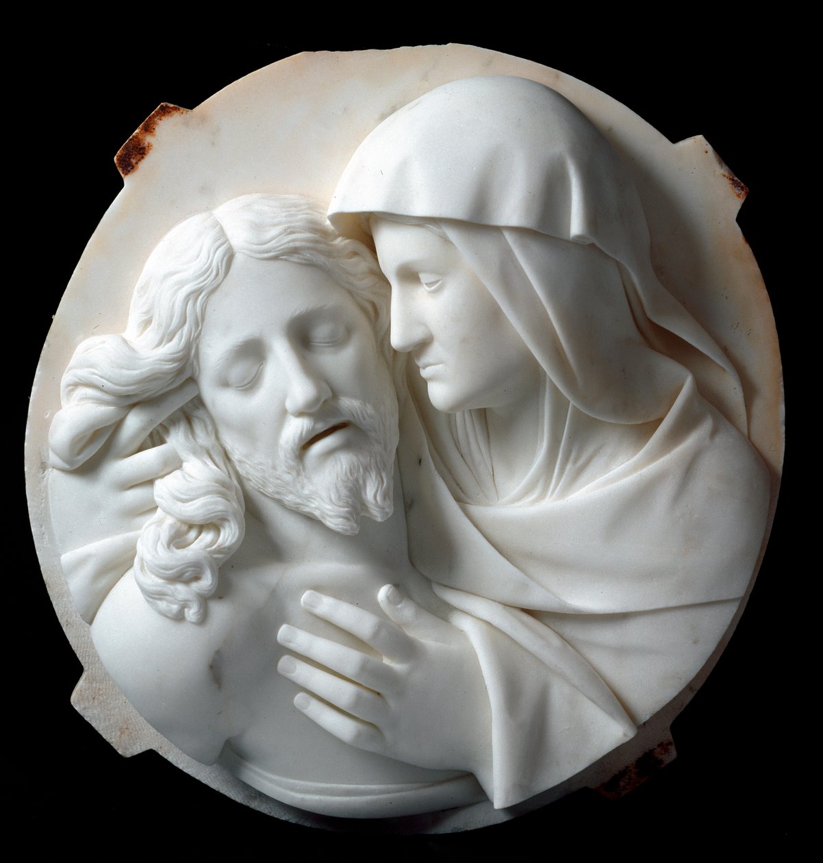 Pieta Mermer Heykeli, Santo Varni (1807-1885) 1863-1870. karartmak 56x52x12 cm Prens Odon di savoia koleksiyonundan. Genler, Galleria d