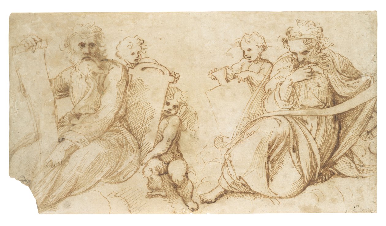 Putti tutan tabletlerle oturmuş parşömenli iki peygamber by Sanzio of Urbino Raphael