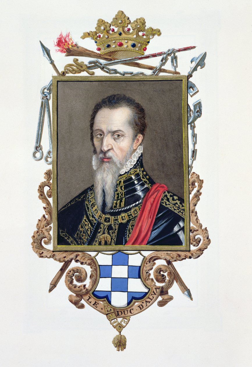 1825'te yayınlanan 'Memoirs of the Court of Queen Elizabeth'ten Alva Dükü Ferdinand Alvarez de Toledo'nun portresi (kağıt üzerinde wc ve guaj) by Sarah Countess of Essex