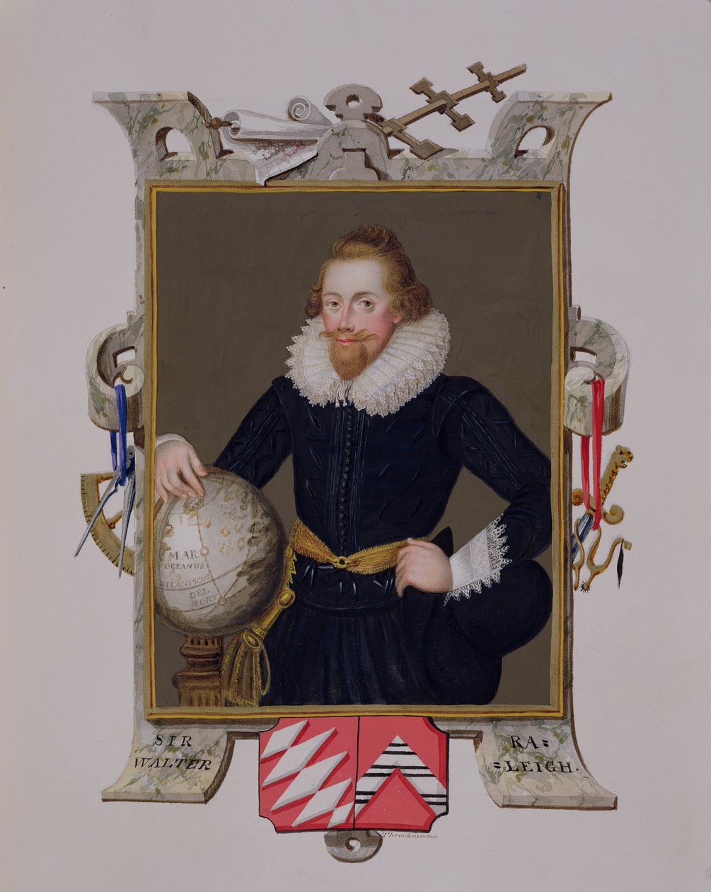 1825'te yayınlanan 'Memoirs of the Court of Queen Elizabeth'ten Sir Walter Raleigh'in (c.1552-1618) portresi (kağıt üzerinde wc ve guaj) by Sarah Countess of Essex