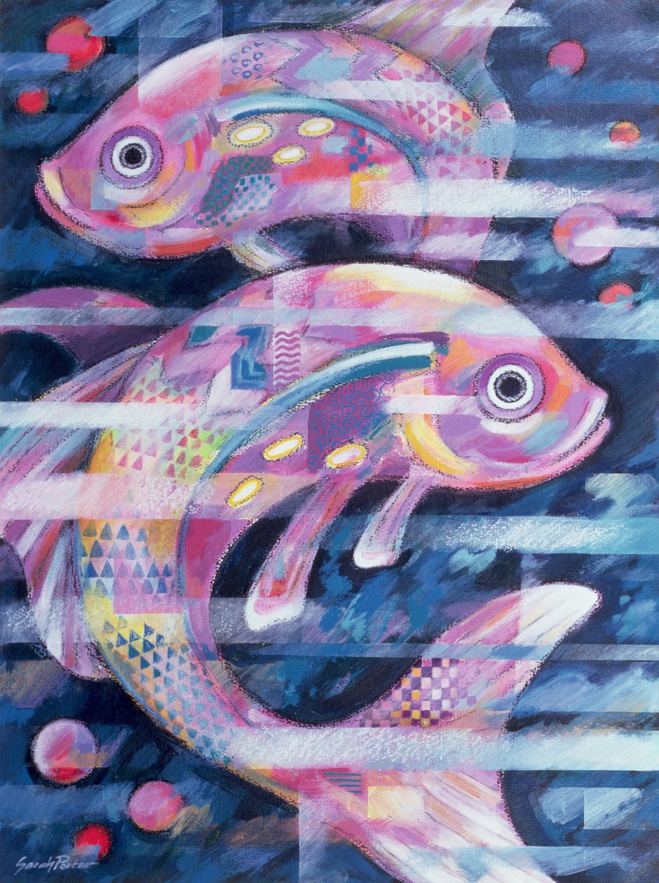 Fishstream (kağıt üzerine akrilik ve yağlı pastel) by Sarah Porter