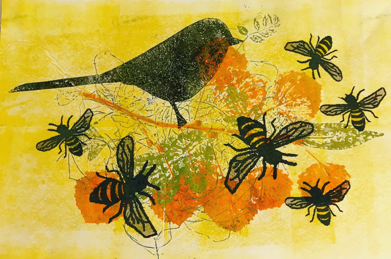 Kuşlar ve arılar (kağıt üzerine monoprint) by Sarah Thompson Engels