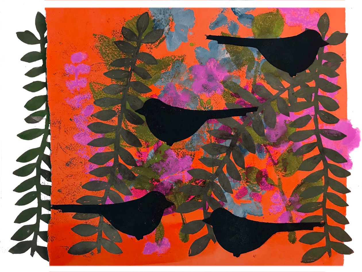 Dört karatavuk (kağıt üzerine monoprint) by Sarah Thompson Engels