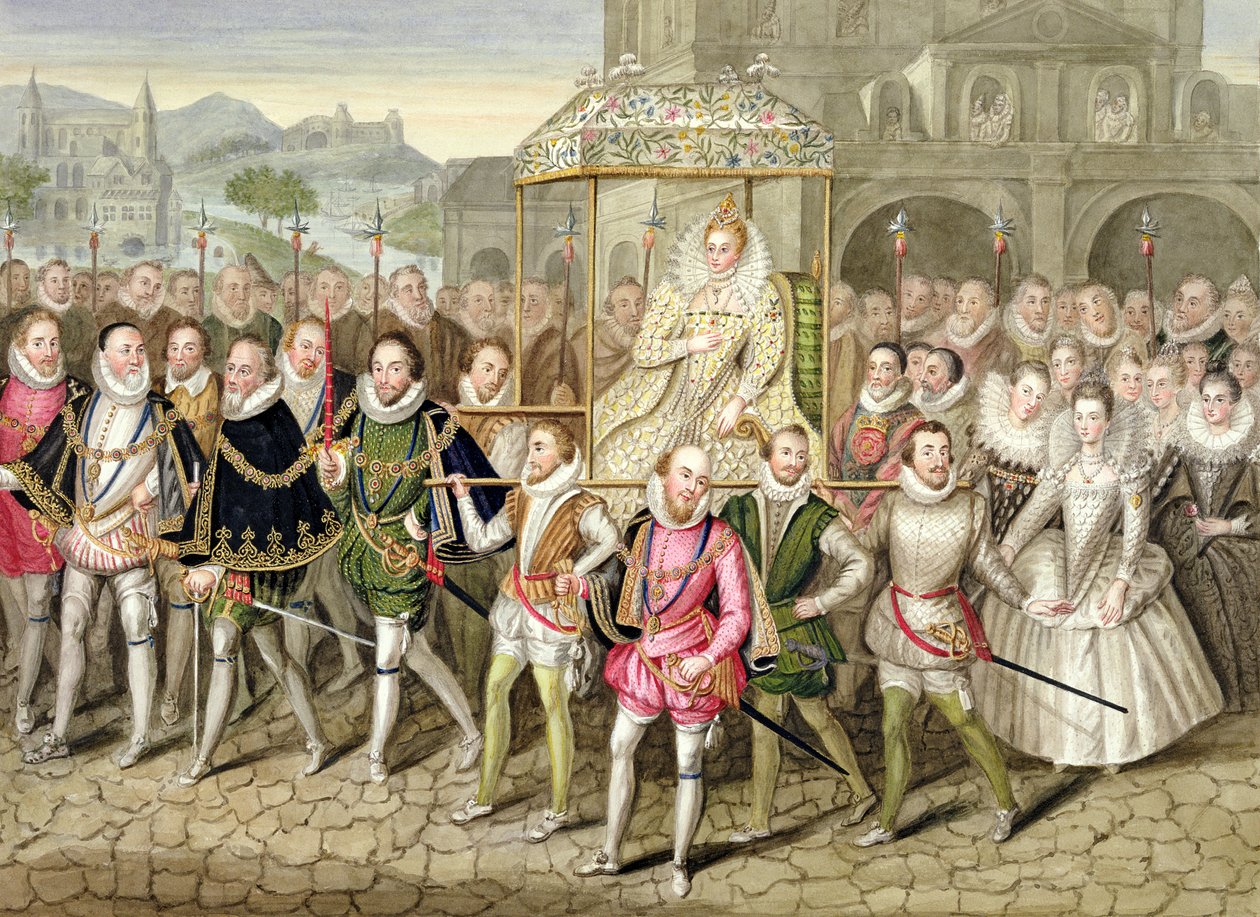 Kraliçe I. Elizabeth, Sherborne Şatosu'nda Robert Peake'e (c.1592-1667) atfedilen bir petrolün ardından 'Kraliçe Elizabeth Mahkemesinin Anıları'ndan Saraylıları (c.160003) ile alayda, 18'de yayınlandı by Sarah Countess of Essex