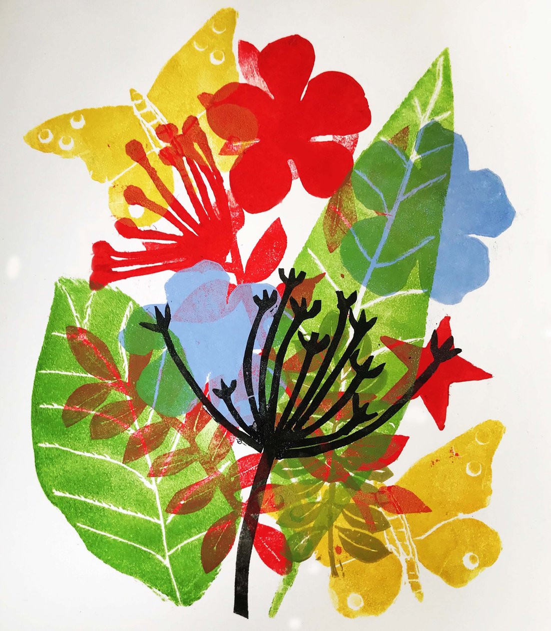 Tohum kafaları ve çiçekler, 2019 (mürekkep monoprint) by Sarah Thompson Engels