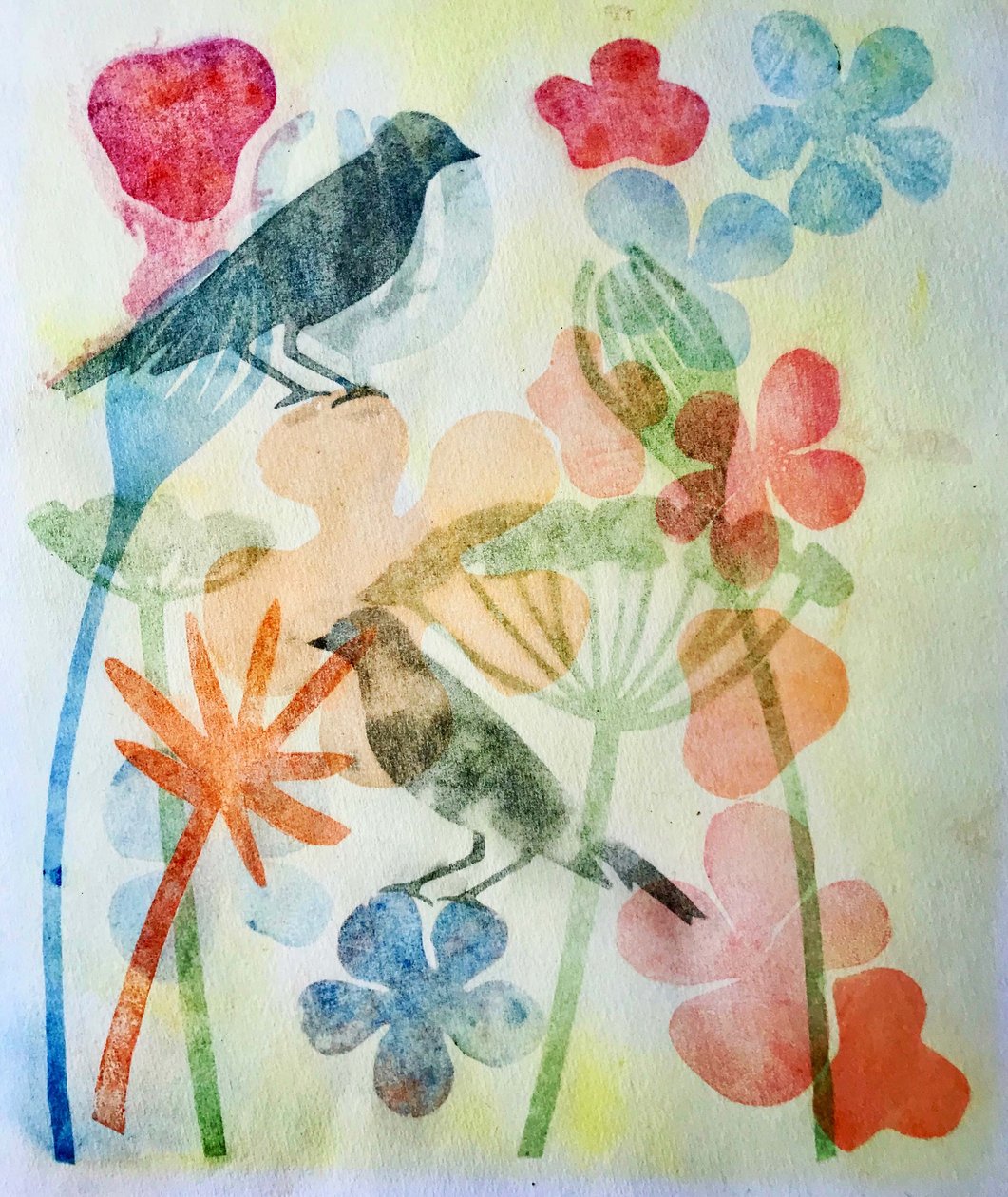 İki kuş ve çiçek,2019 (Mürekkep monoprint) by Sarah Thompson Engels