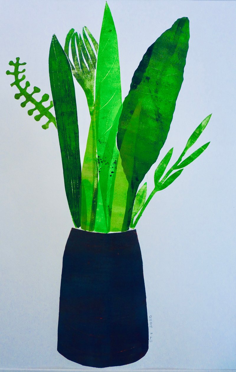 Yapraklı vazo (kağıt üzerine monoprint) 2020 by Sarah Thompson Engels