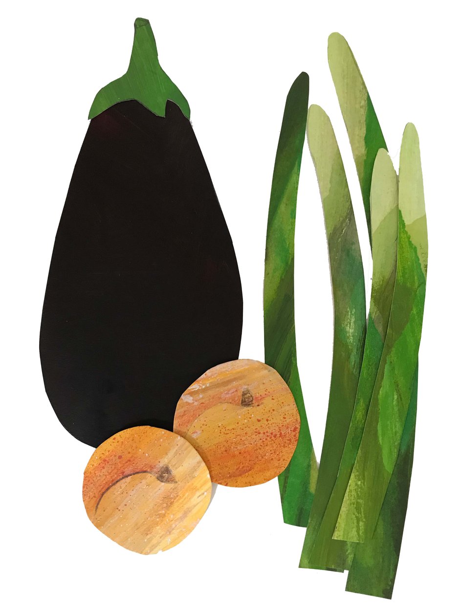 kuşkonmaz, kayısı,patlıcan,2019 (kolaj) by Sarah Thompson Engels