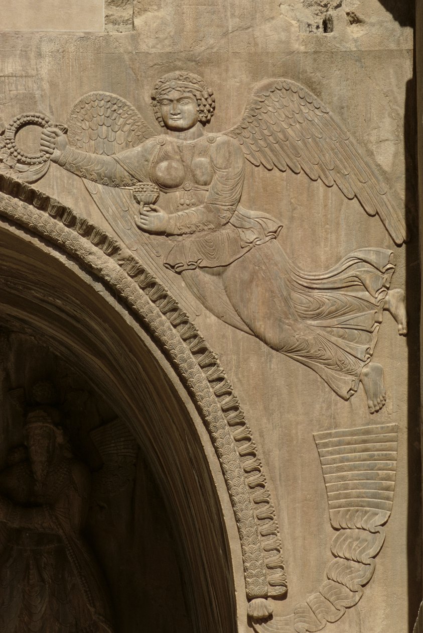 Bolluğu simgeleyen bir meyve kasesini tutan deha, bir aivans köşegeninden, 590-628 by Sasanian School