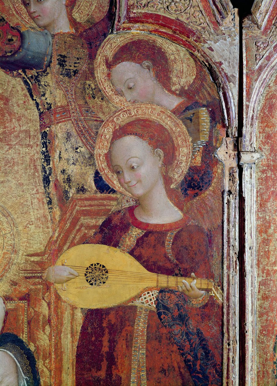 Altı melekle çevrili Bakire ve Çocuk resminden melek müzisyenlerin detayı, 1437-44 (tahta üzerine yağ ve altın) by Stefano Sassetta