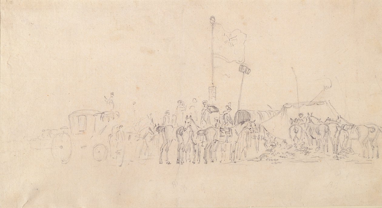 Arabalı, çadırlı ve bayraklı atlıların buluşması (kağıt üzerinde grafit) by Sawrey Gilpin