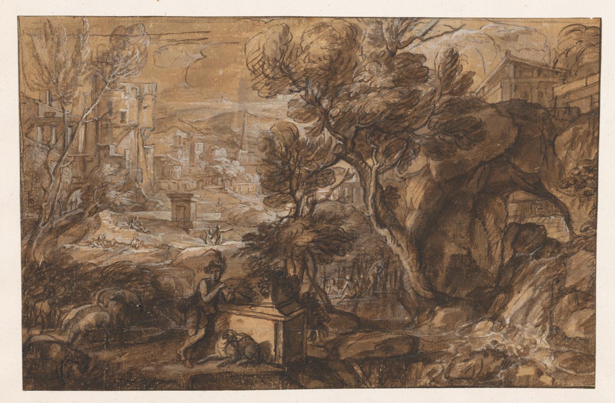 Antik bir lahitte bir çobanla manzara by Sébastien Bourdon (attributed to)
