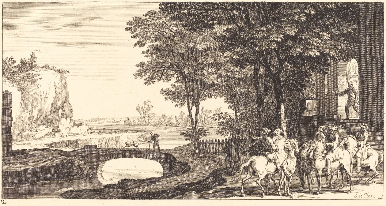 Atlılar ve Köprü ile Manzara by Sébastien  Le Clerc I