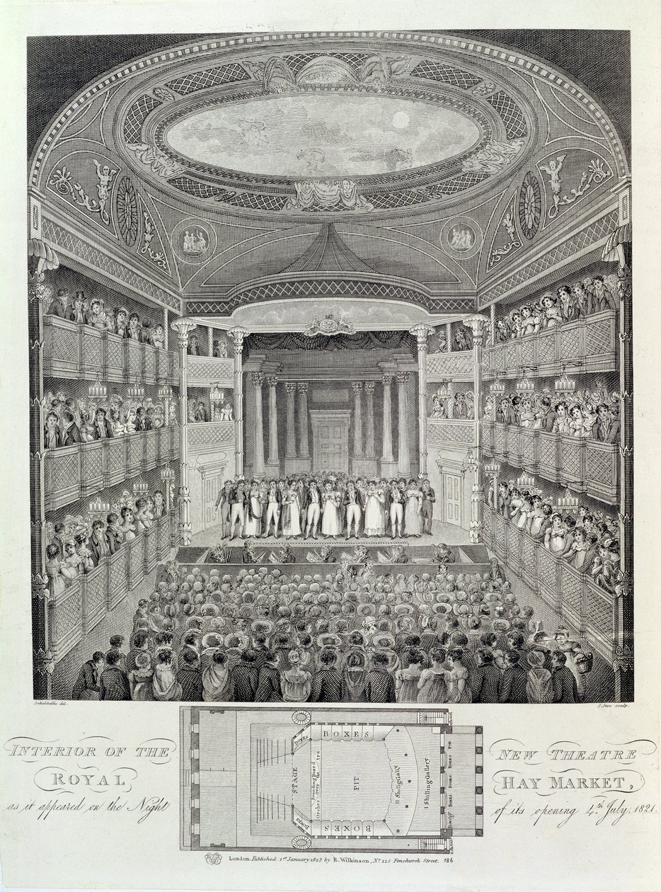 New Theatre Royal'in İç Mekanı, Haymarket, Açıldığı Gecede Göründüğü Haliyle, 4 Temmuz 1821, James Stow tarafından gravür (c.1770-s.1823), 1823 by Schebbellie